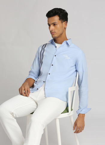 Sky Blue Yarn Dyed Placment Stripes Long Sleeve Shirt