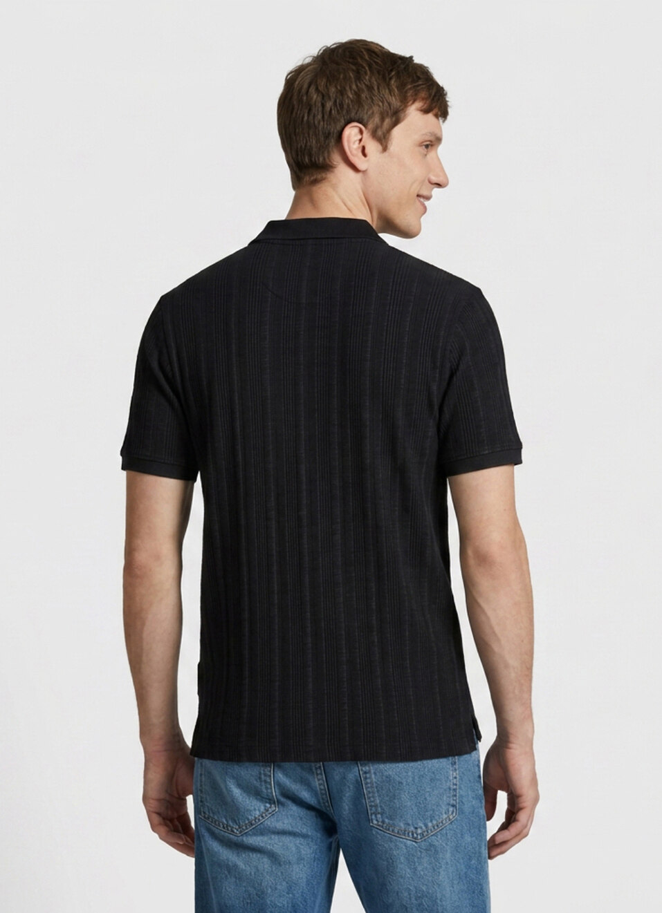 Men Black Striped Polo Collar T-shirt, , large image number 2