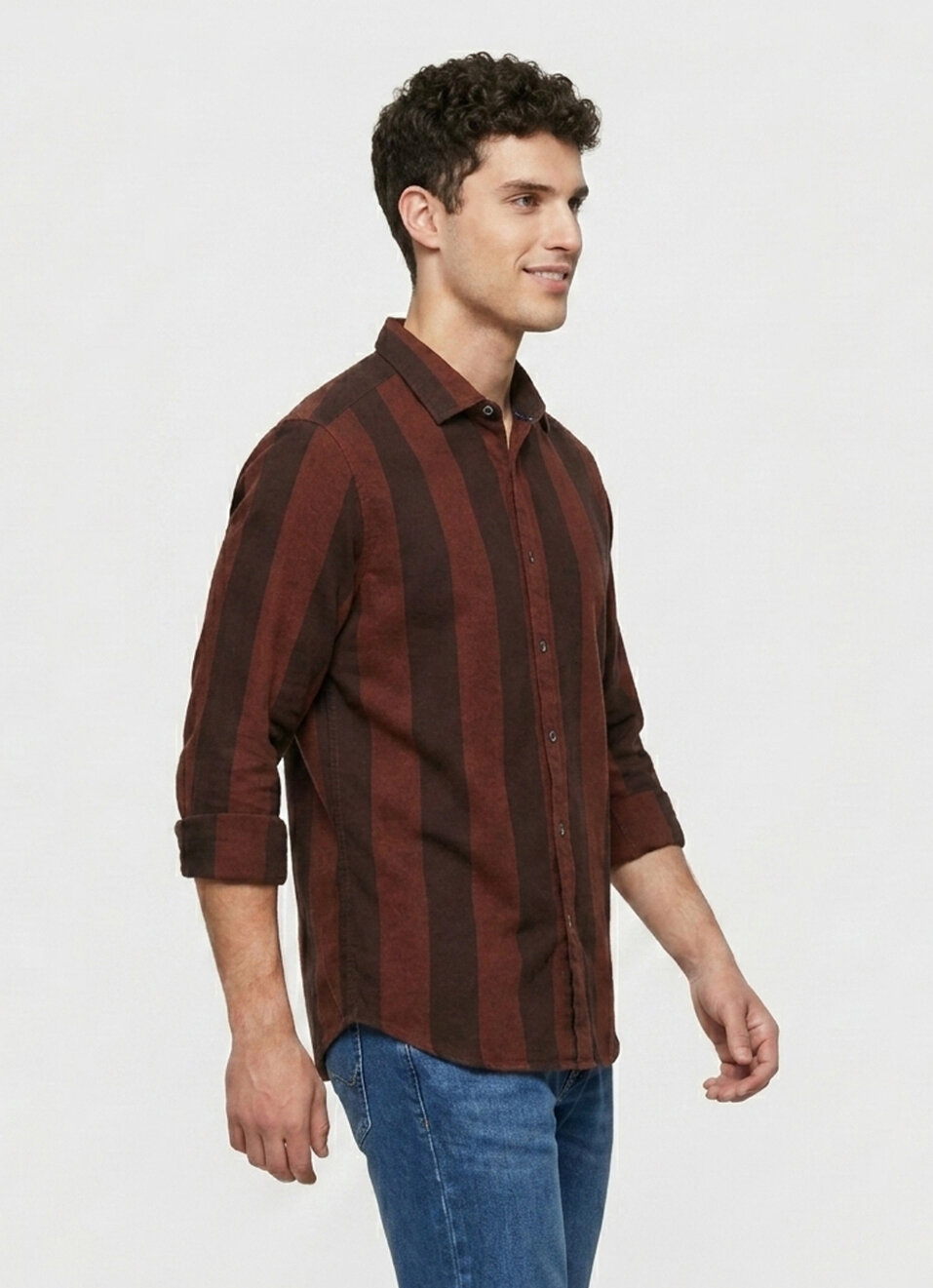 Men Wine Striped Brushed Long Sleeve Shirt, , large image number 3