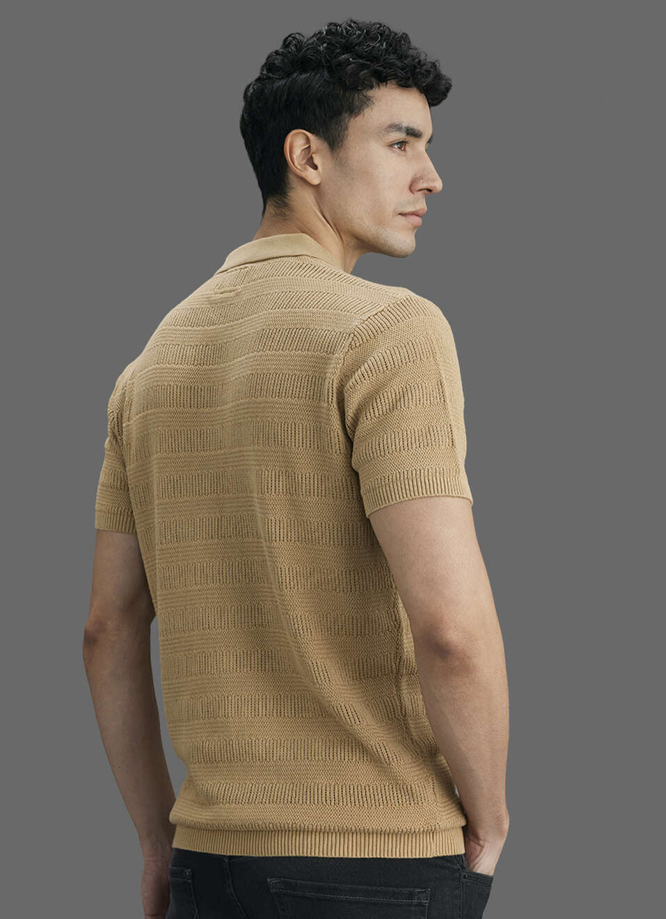 Men Beige Striped Flat Knit Polo Collar T-shirt, , large image number 6