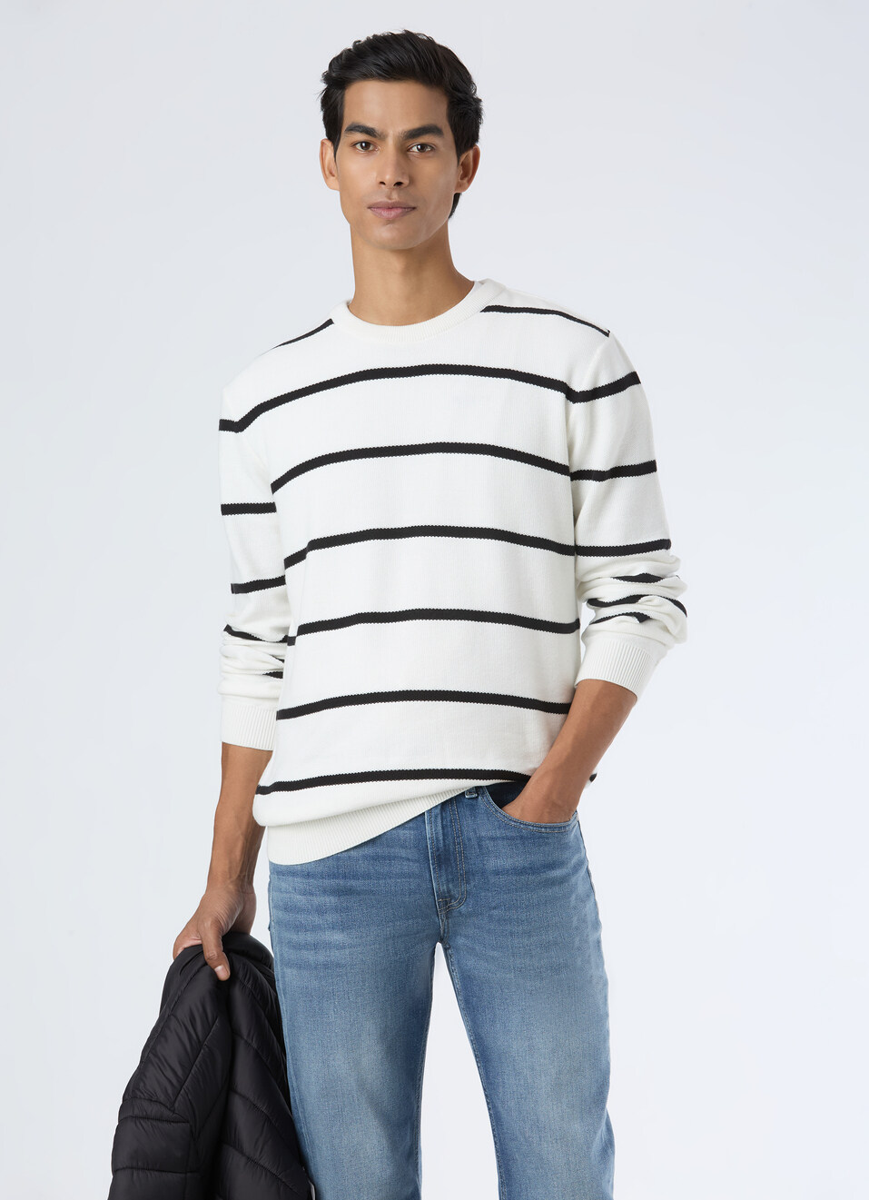 Men White Horizontal Stripe Flat Knit, , large image number 0