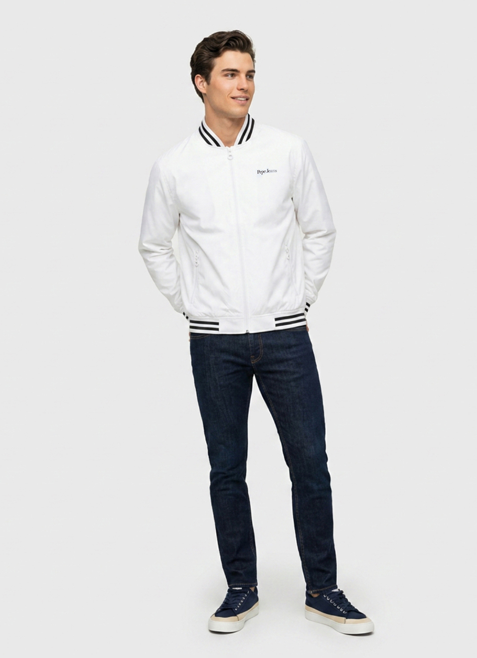 Men White Solid Baseball Collar Long Sleeve Jacket, , large image number 5