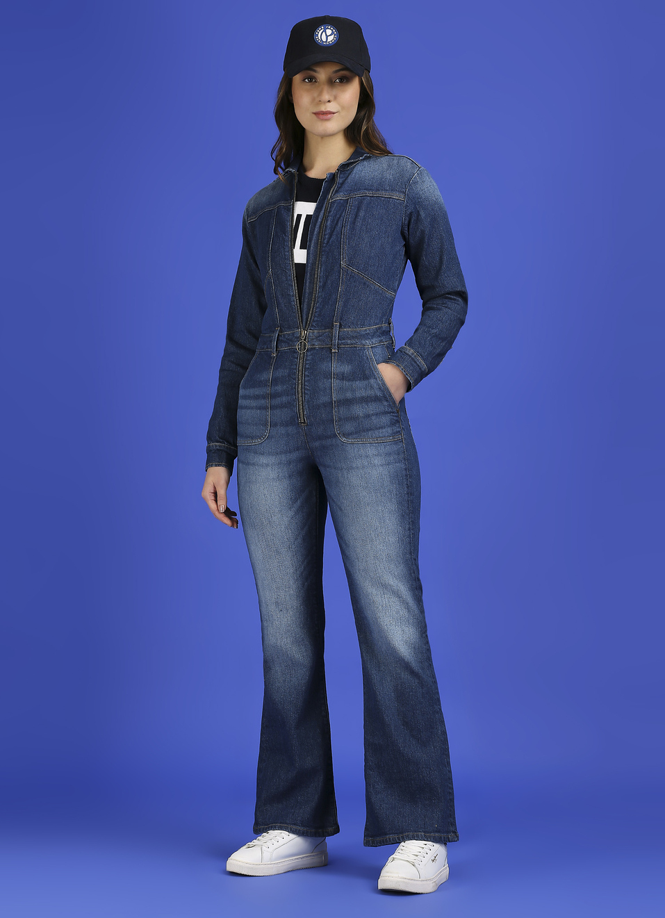 Blue Full Sleeve Flare Dungarees, , large image number 6
