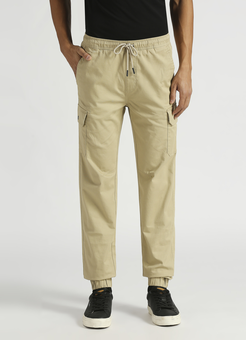 Khaki Solid Stretch Cargo Joggers, , large image number 1