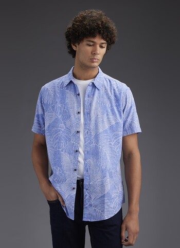 Men Blue Printed Regular Fit Linen Blend Shirt