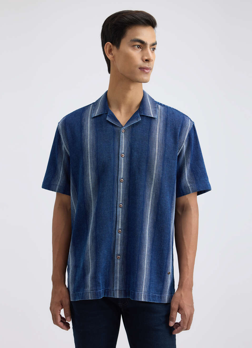 Men Indigo Stripe Short Sleeve Shirt, , large image number 1