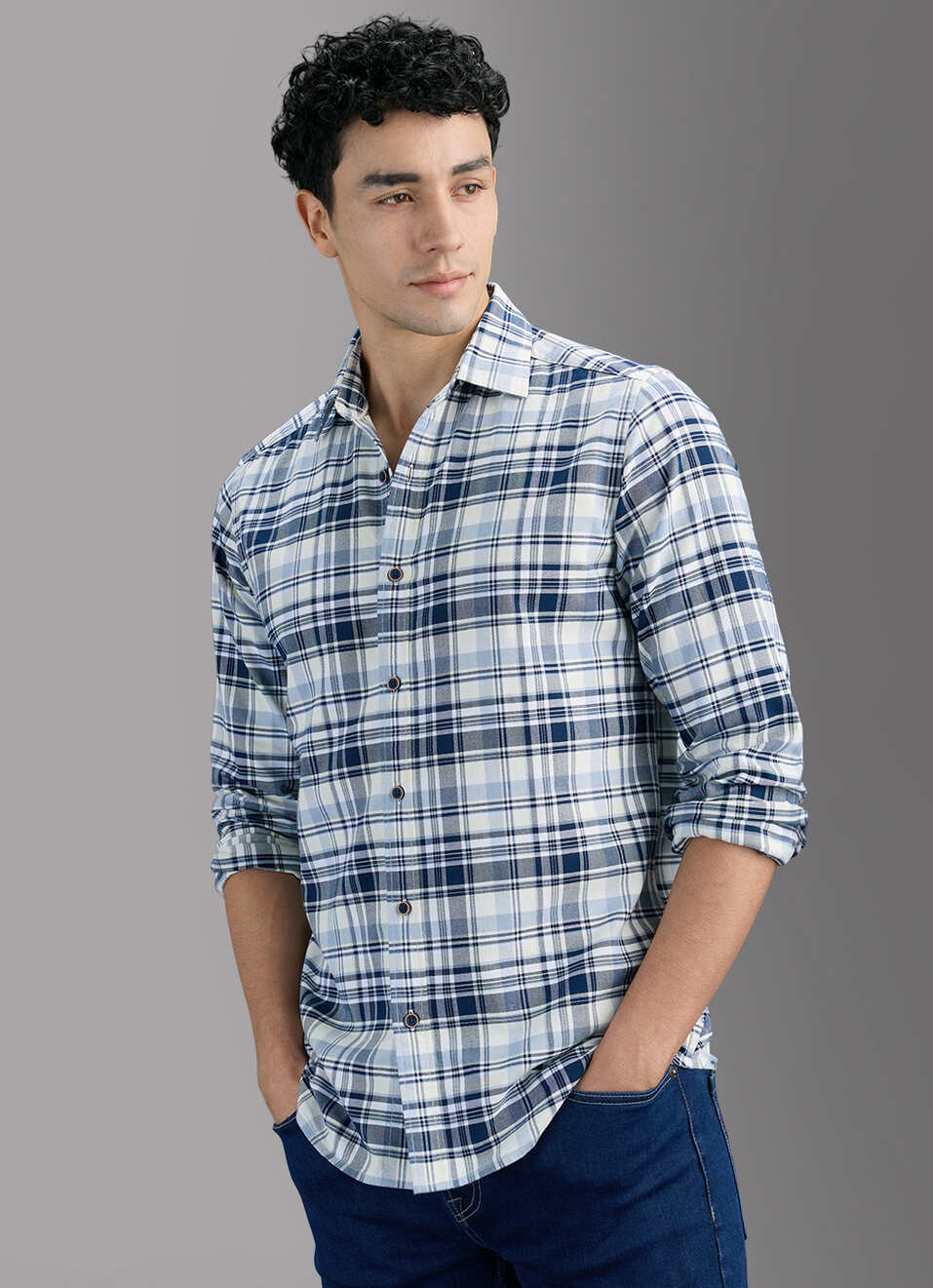 Men Blue Checked Shirt, , large image number 0
