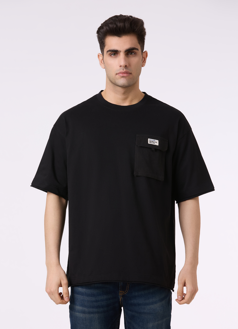 Men Black Utility Pocket Short Sleeve Oversized T-shirt, , large image number 1