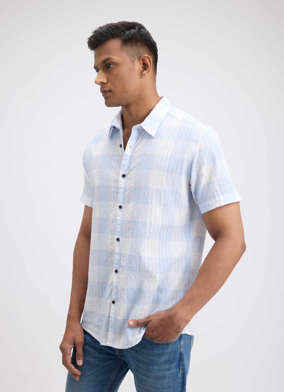 Men Blue Check Short Sleeve Shirt, , large image number 3