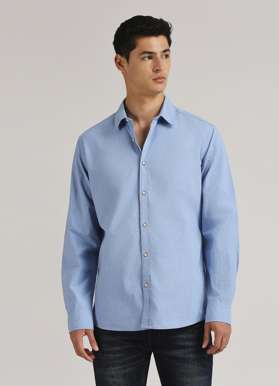 Blue Seersucker Narrow Stripes Long Sleeve Shirt, , large image number 1