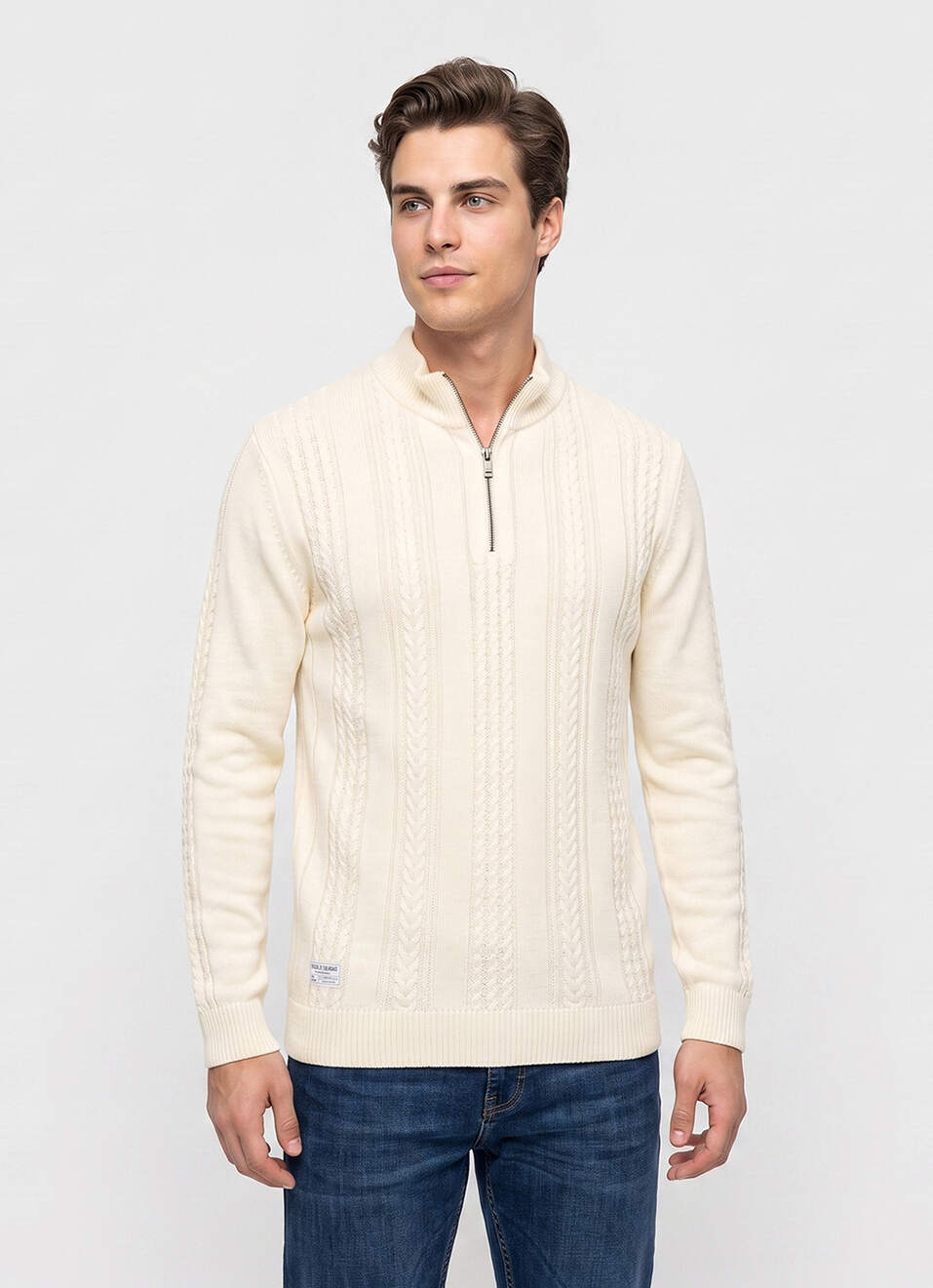Men Off White Embroidered Full Sleeve Flat Knit Sweater, , large image number 1
