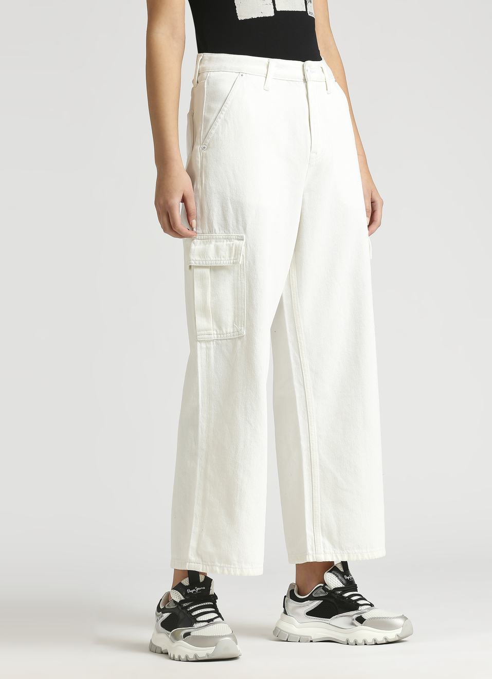 Cargo Straight Fit High Waist White Jeans, , large image number 3