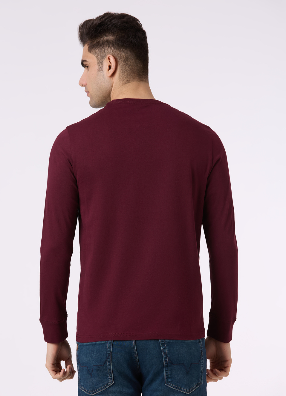 Men Burgundy Logo Print Full Sleeve T-shirt, , large image number 2