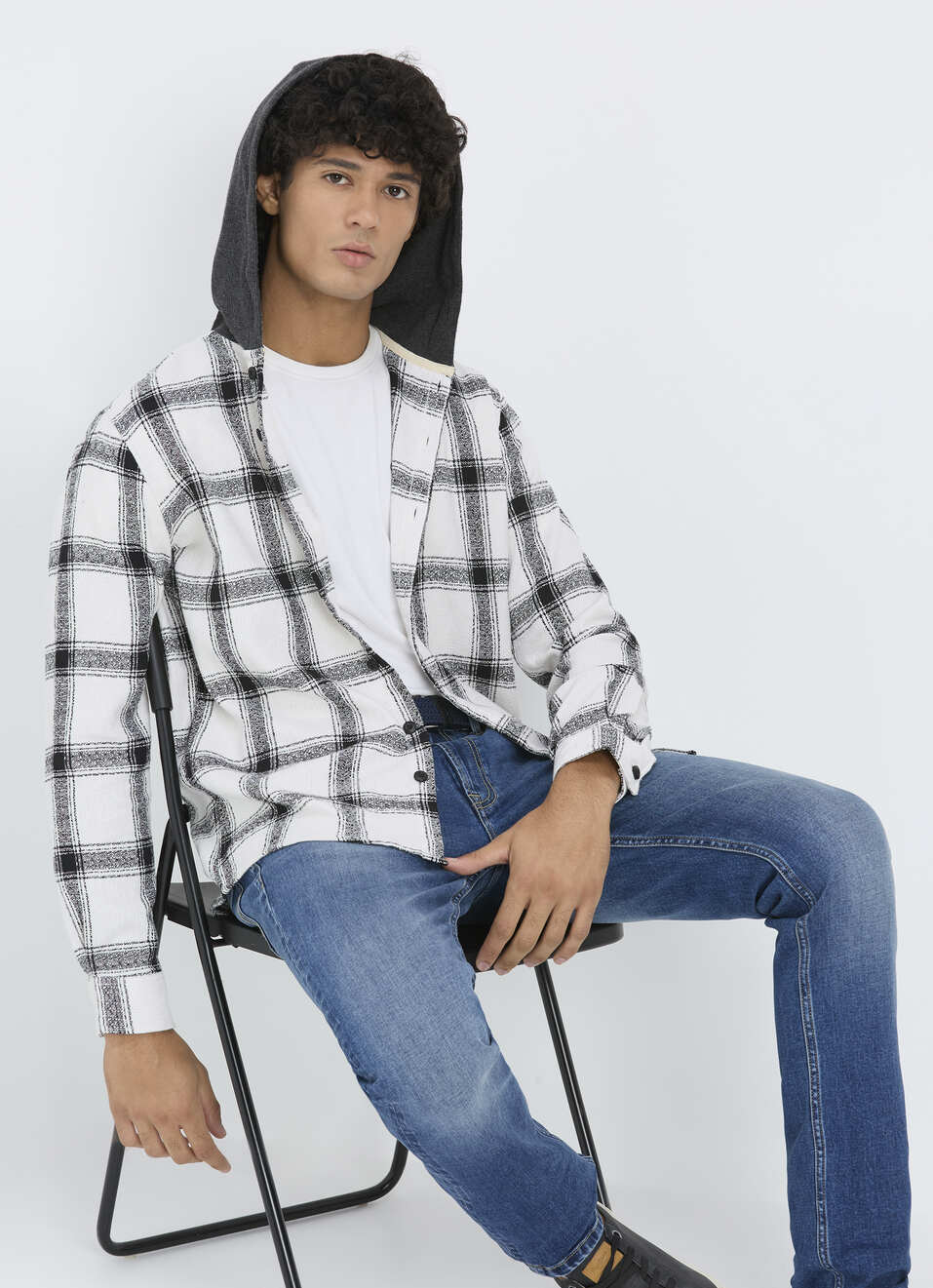 Men White Check Hooded Full Sleeve Shirt, , large image number 0