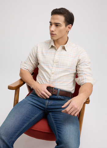 Men Beige Oxford Check Full Sleeve Shirt