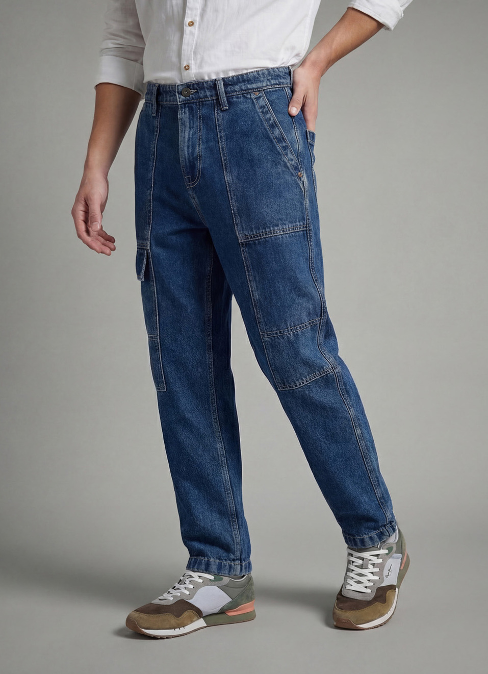 Men Blue Straight Fit Mid Rise Cargo Jeans, , large image number 0