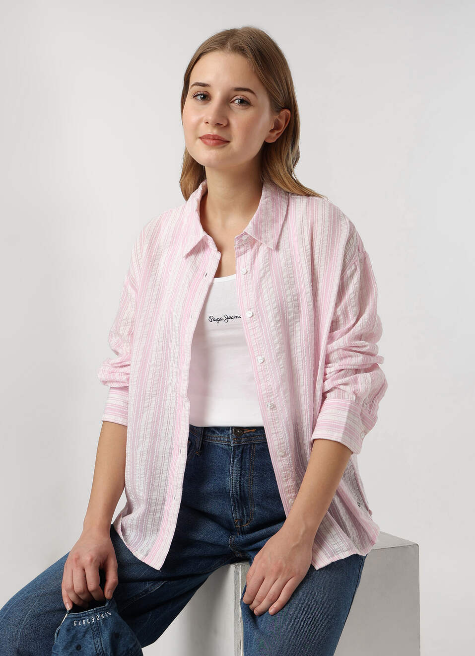 Women Pink Textured Striped Oversized Casual Shirt, , large image number 0