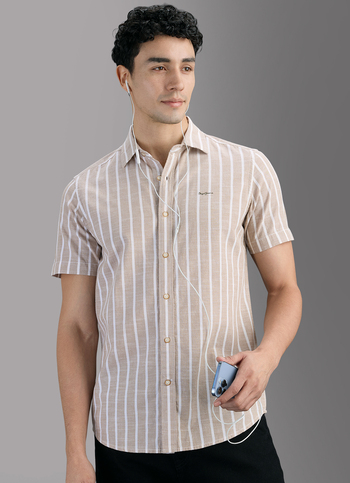 Men Beige Striped Regular Fit Shirt