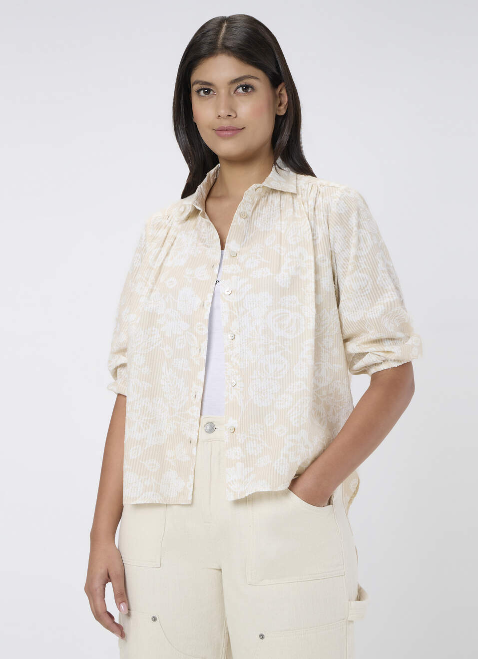 Women Beige Printed Regular Fit Shirt, , large image number 0
