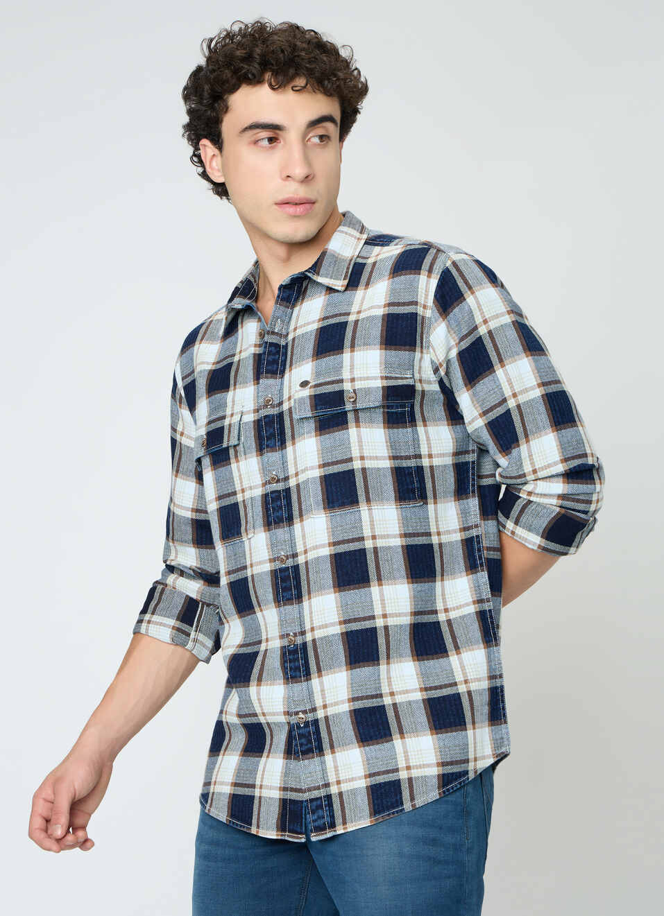 Men Indigo Blue Checked Shirt, , large image number 3