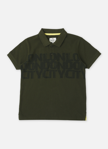Boys Military Green Typographic Print Short Sleeve Polo