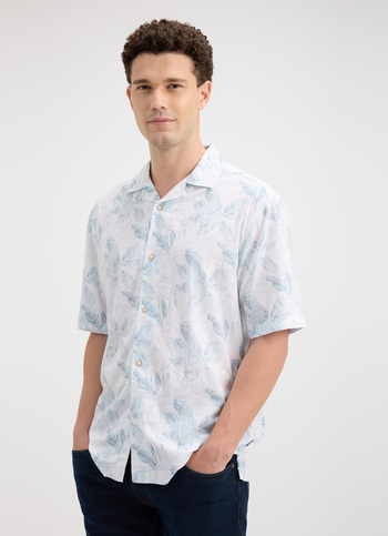 Men Blue Resort Collar Tropical Print Short Sleeve Shirt