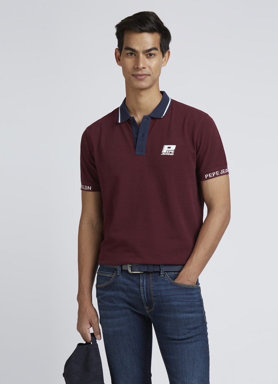 Burgundy Contrast Ribbed Collar Short Sleeves Polo, , large image number 0