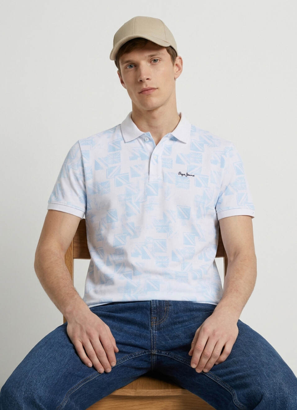 Men White Printed Polo Collar T-shirt, , large image number 0