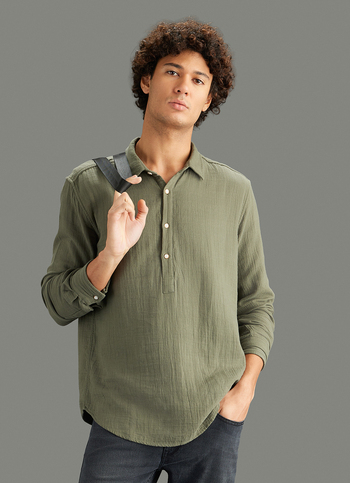 Men Olive Solid Regular Fit Kurta Placket Shirt