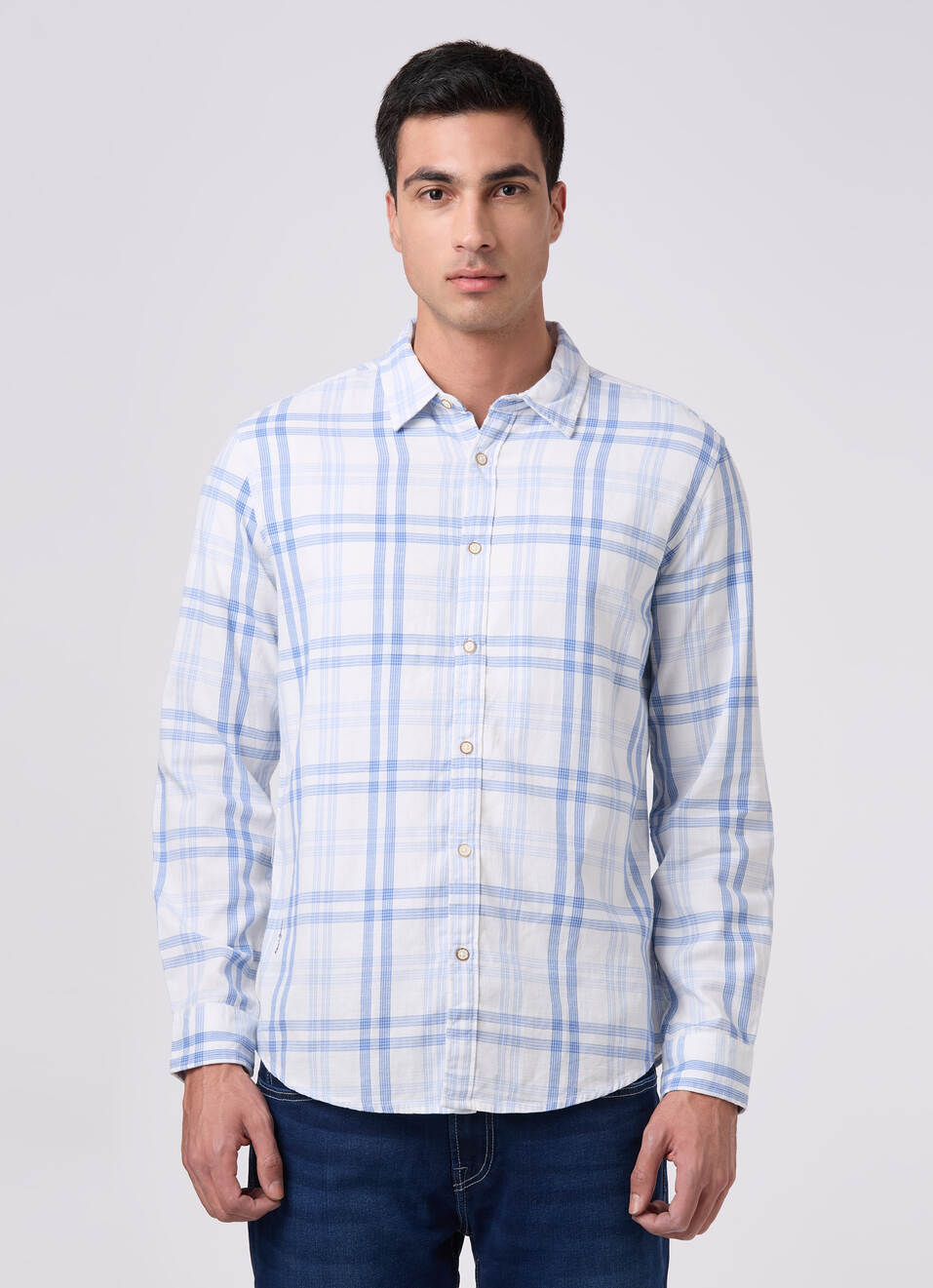 Men Sky Blue Checked Shirt, , large image number 1