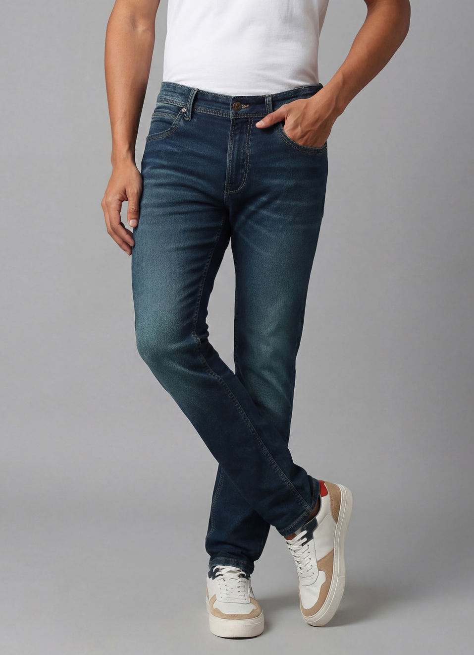 Vapour Dark Blue Mid Rise Tapered Jeans, , large image number 0