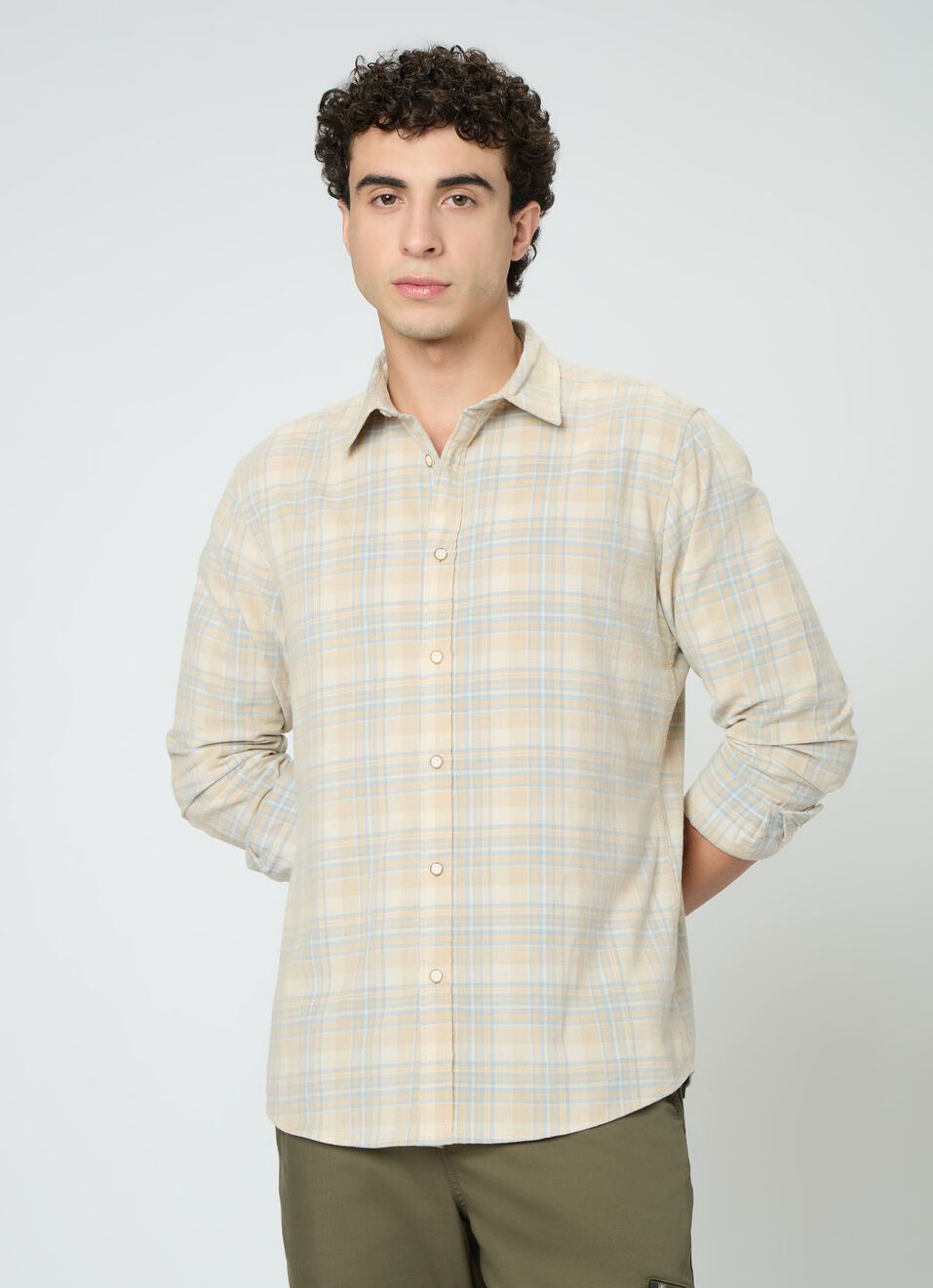 Men Beige Check Full Sleeve Shirt, , large image number 1