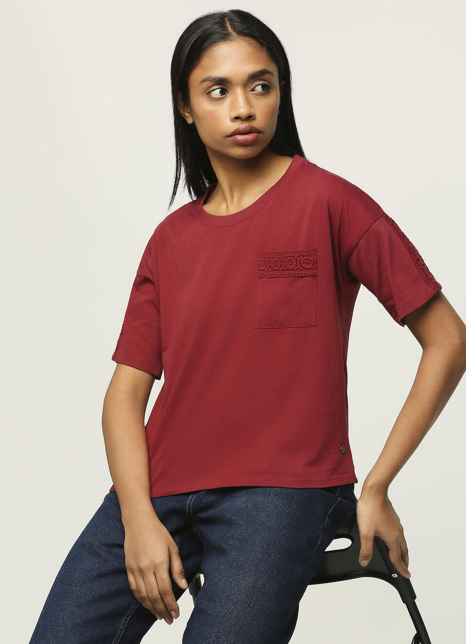 Burgundy Round Neck Short Sleeve T-shirt, , large image number 7