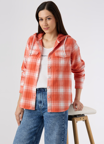 Women Orange Checked Regular Fit Hooded Shirt