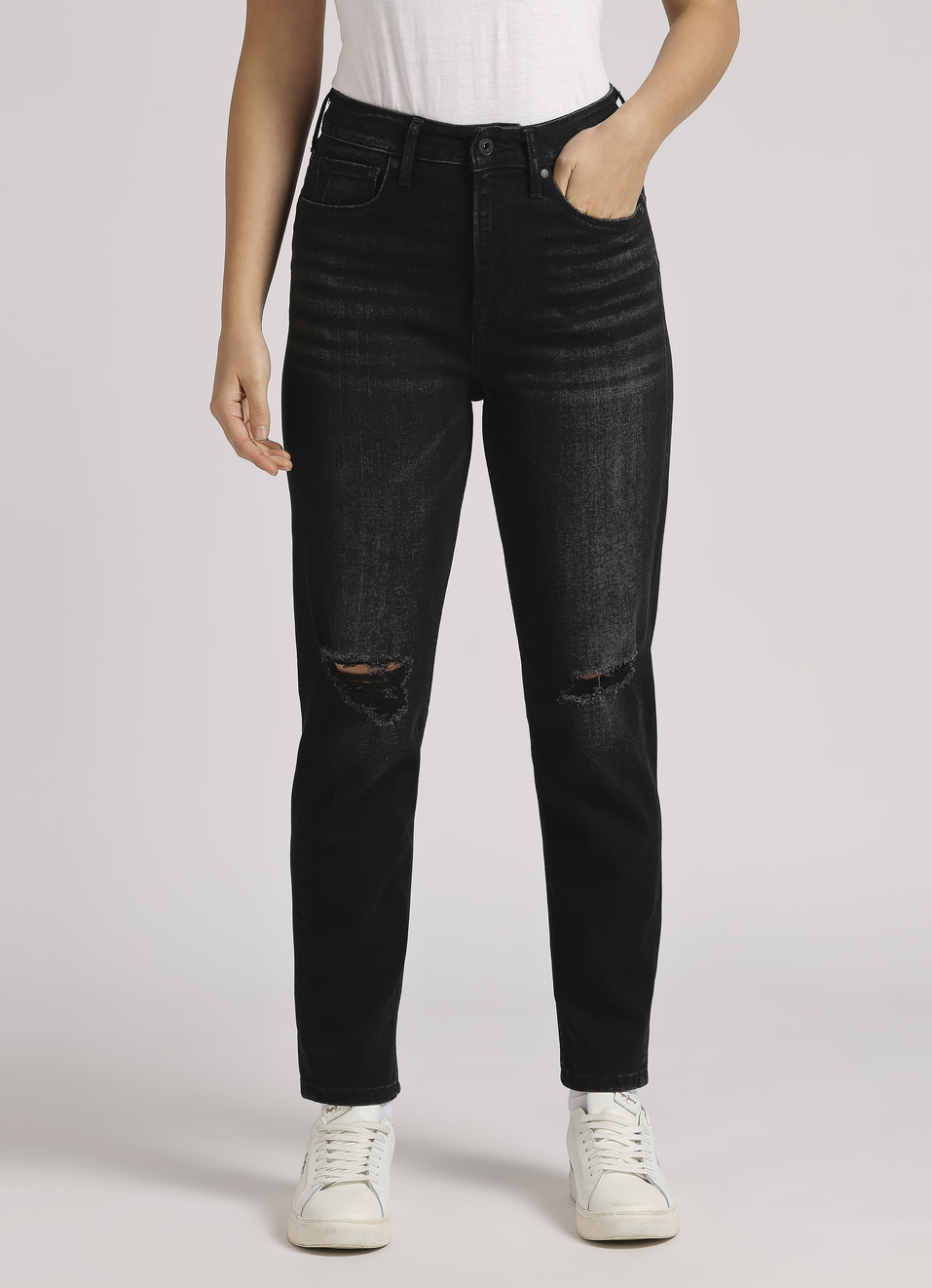 Black High Waist Tapered Mom Jeans, , large image number 1