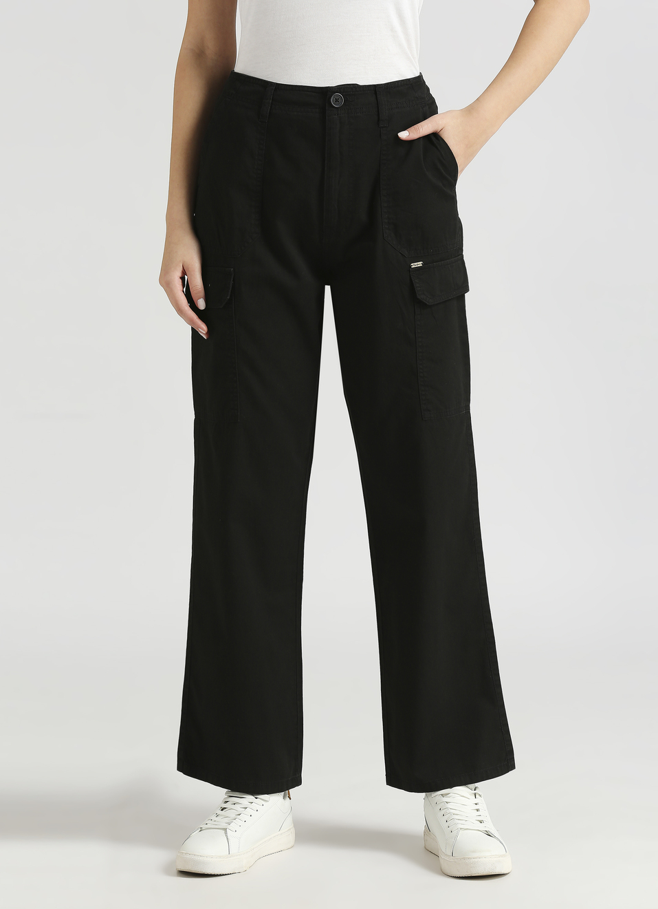Black High Rise Straight Fit Cargo Pants, , large image number 1