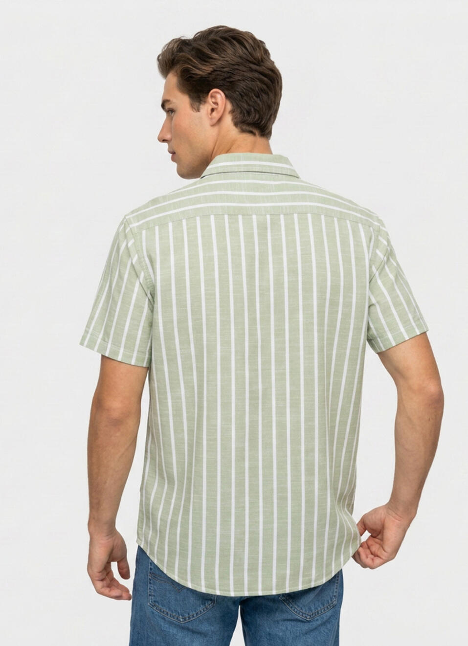 Men Green Striped Cotton Slub Short Sleeve Shirt, , large image number 2