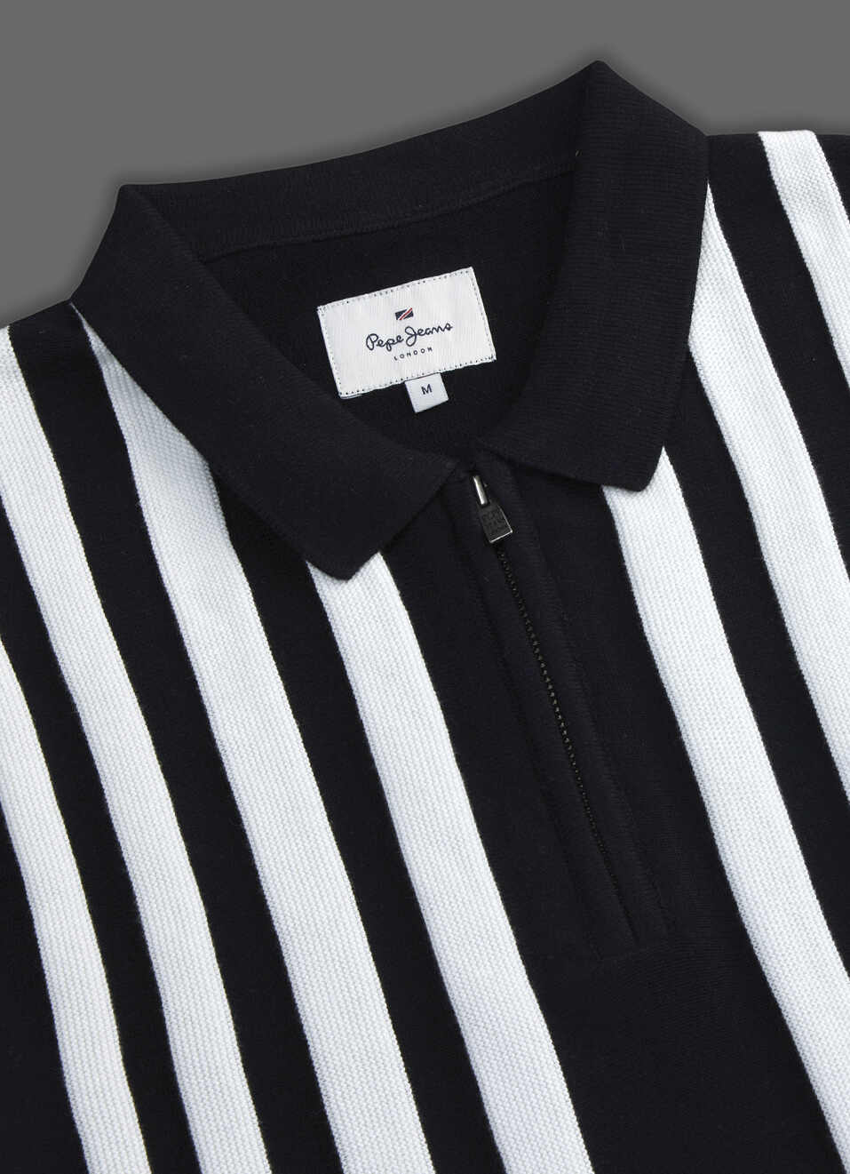Men Black Striped Flat Knit Polo Collar T-shirt, , large image number 3