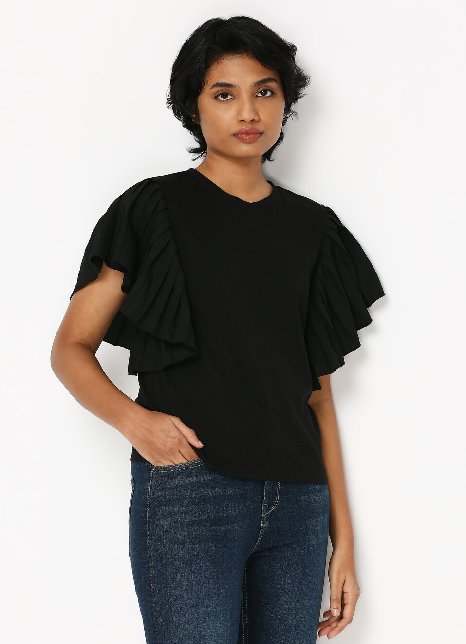 Black Round Neck Short Sleeve T-shirt, , large image number 0