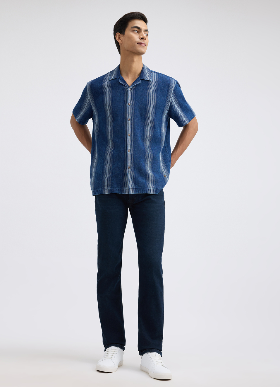 Men Indigo Stripe Short Sleeve Shirt, , large image number 5