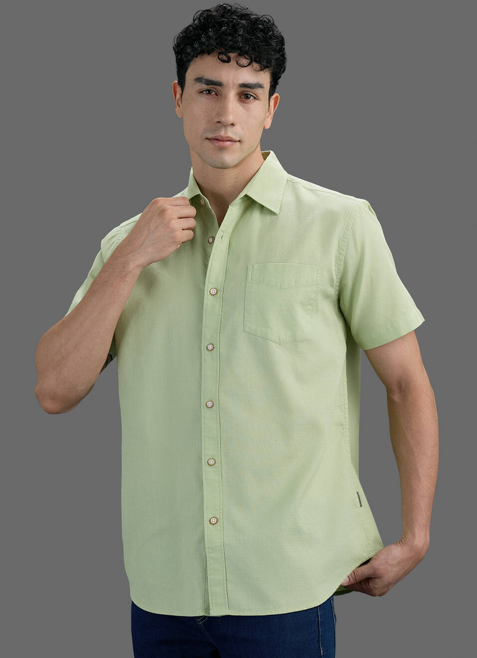 Men Lime Green Solid Dobby Short Sleeve Shirt, , large image number 5