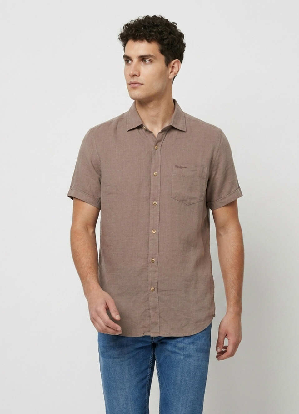 Men Brown Solid Pure Linen Short Sleeve Shirt, , large image number 1