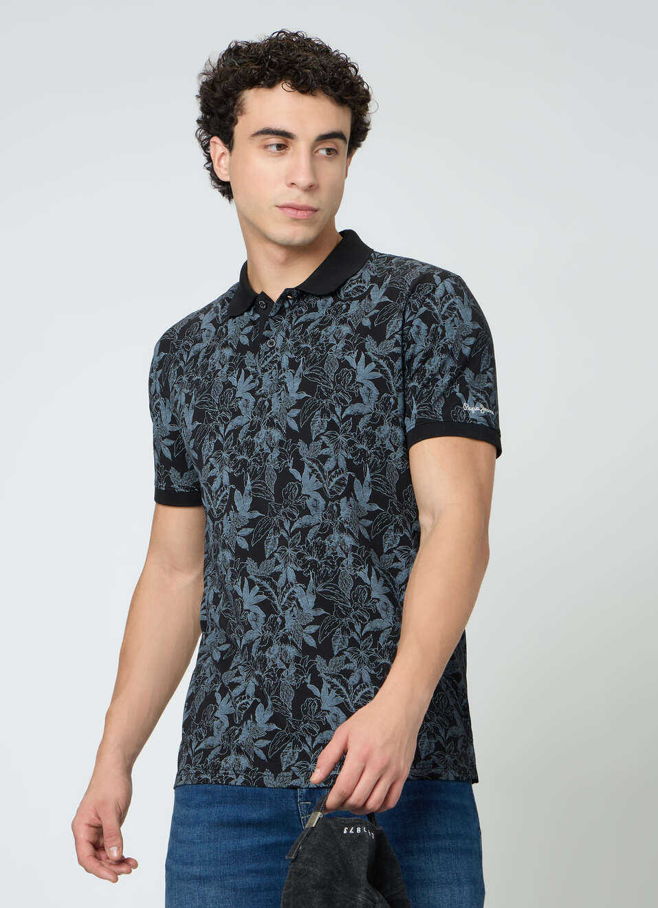 Men Black Printed Polo Collar T-shirt, , large image number 0