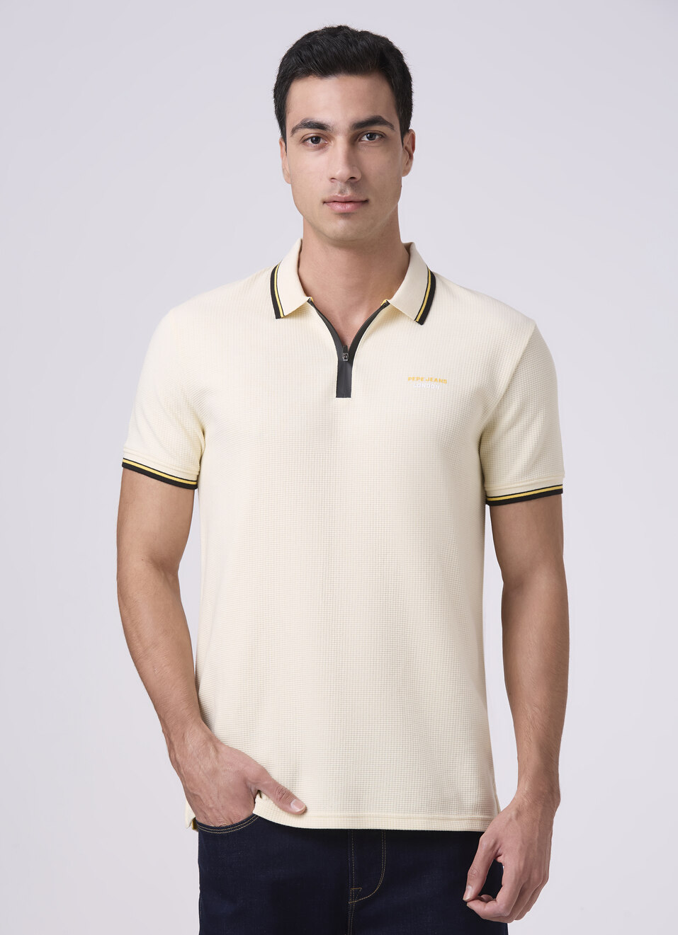 Men Ivory White Zipper Polo Collar T-shirt, , large image number 1