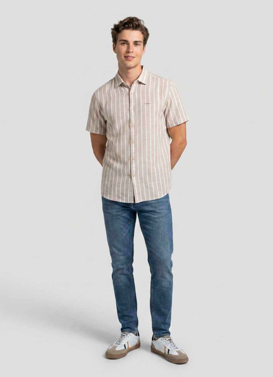Men Beige Striped Cotton Slub Short Sleeve Shirt, , large image number 5
