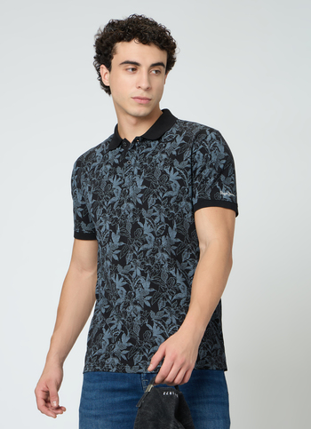 Men Black Printed Polo Collar T-shirt