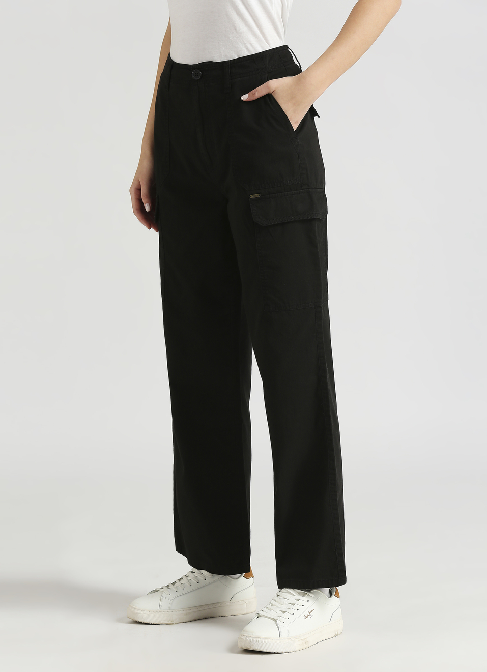 Black High Rise Straight Fit Cargo Pants, , large image number 3