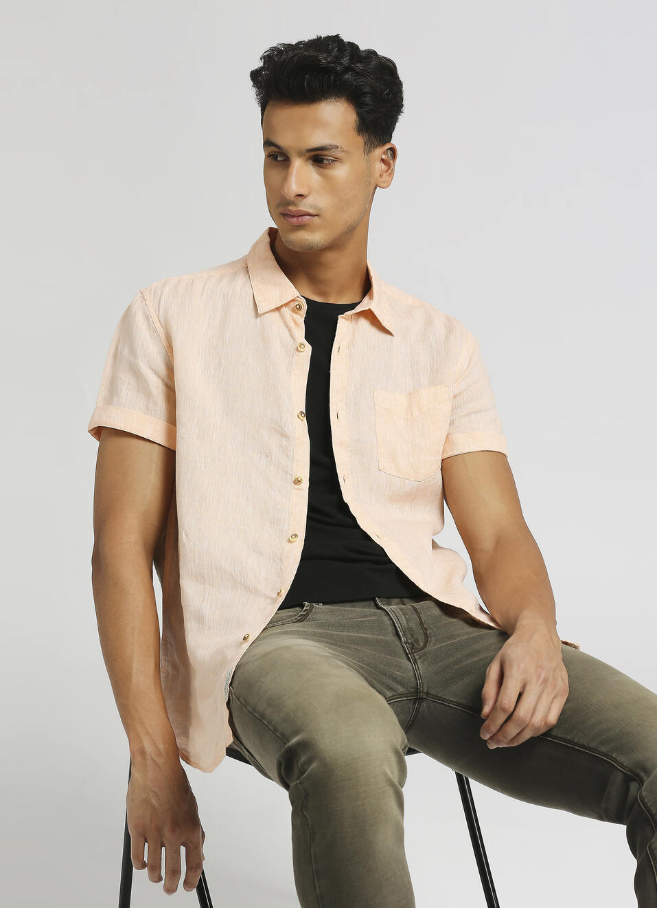 Peach Solid Single Pocket Chambray Linen Short Sleeve Shirt, , large image number 0