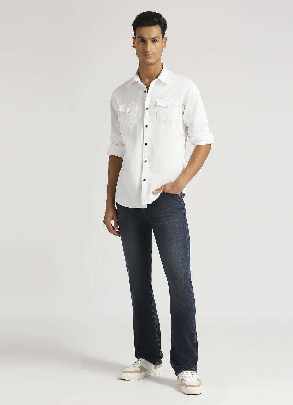 White Solid Double Pocket Long Sleeve Shirt, , large image number 3