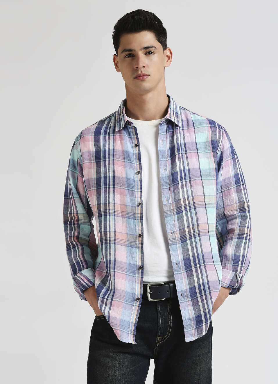 Blue Checks Pure Linen Long Sleeve Shirt, , large image number 0